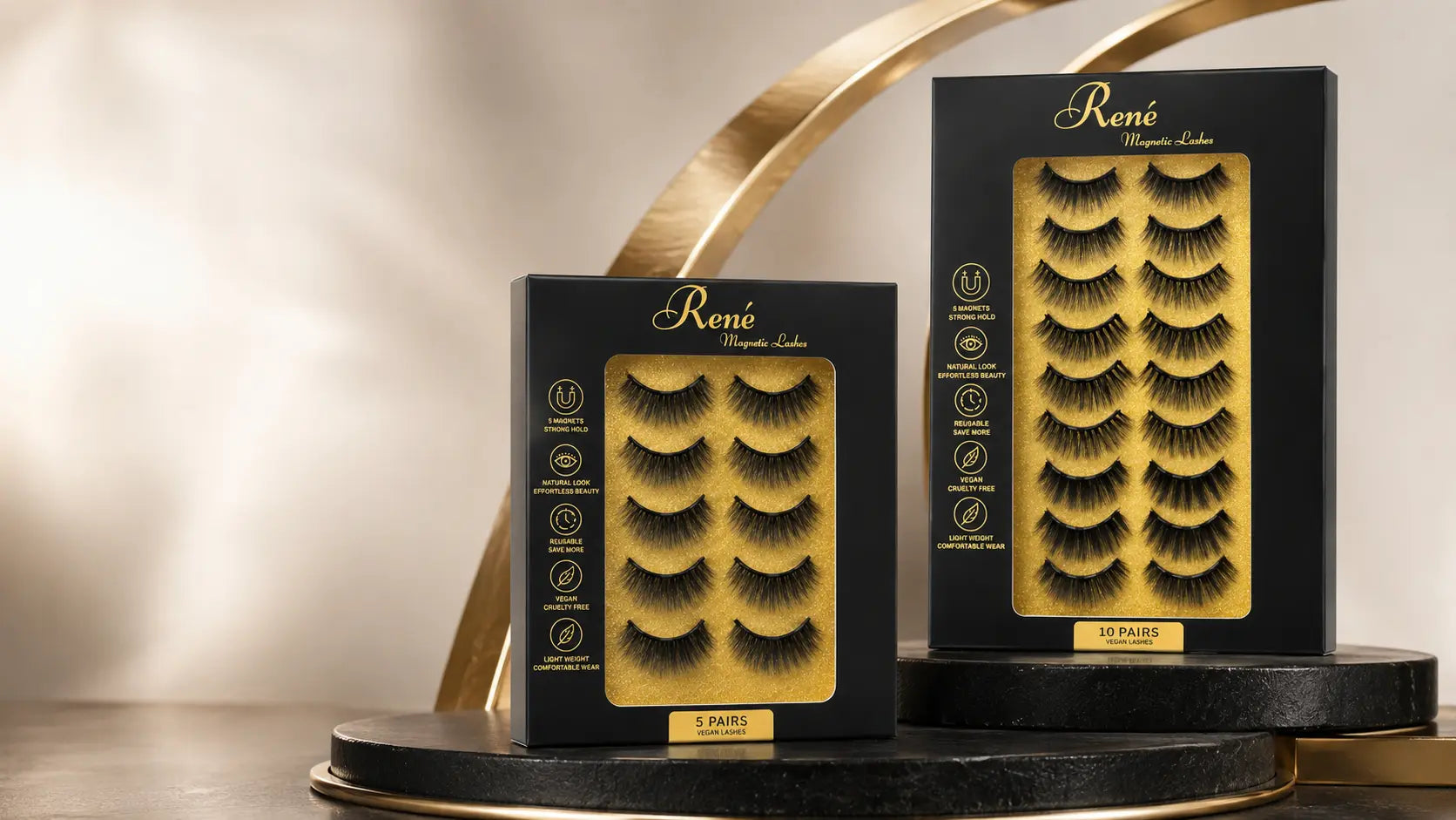 René five-pair and ten-pair magnetic lash bundles displayed in black and gold
