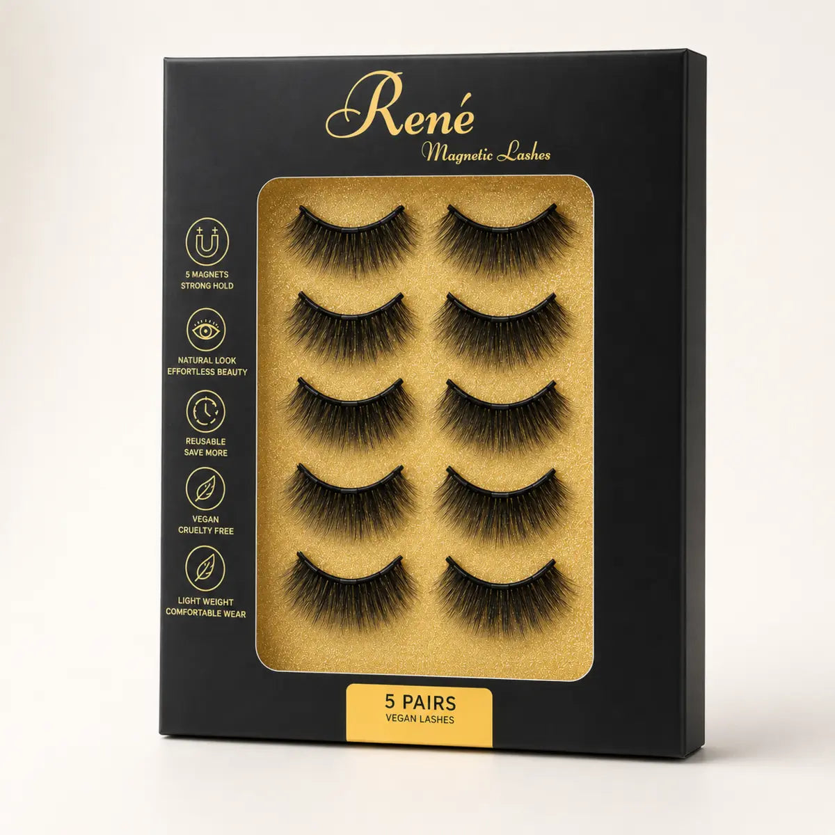René five-pair short magnetic lash kit in black and gold packaging