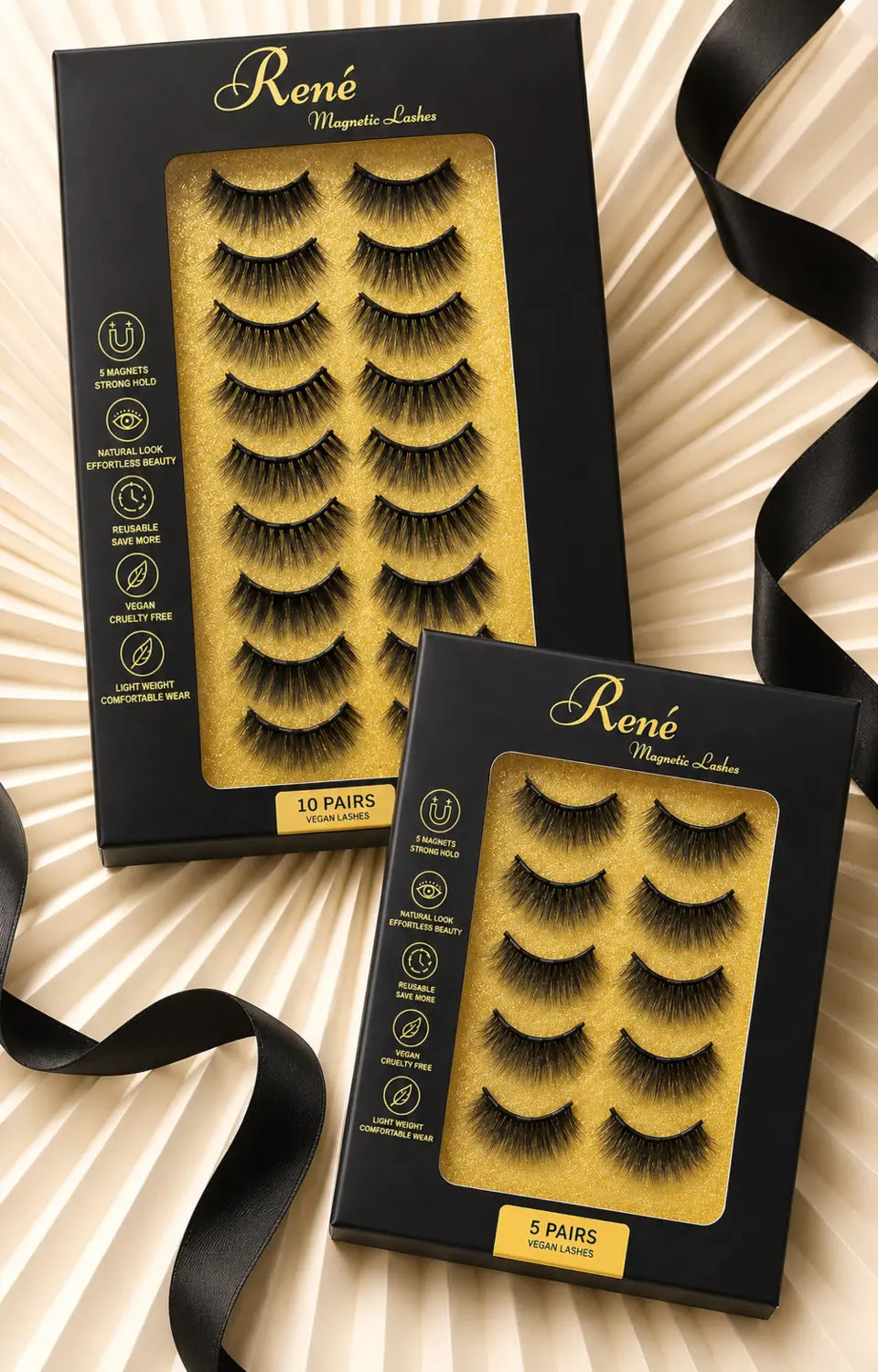 René five-pair and ten-pair magnetic lash multipacks with black ribbon